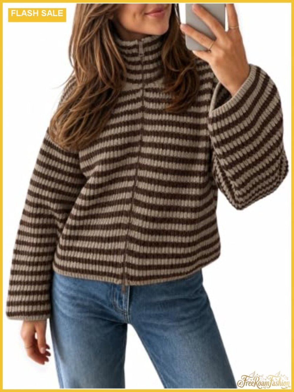 Women's Striped Zip Up Cardigan Mock Neck Loose Knit Sweater